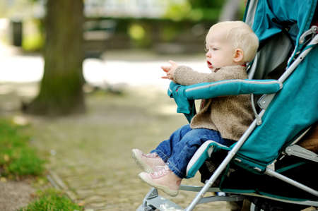 Sweet baby girl sitting in a stroller outdoors. Little child in pram. Infant kid in pushchair....