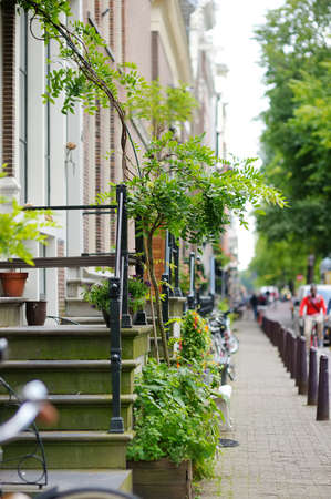 Porch of a house decorated with flower pots and green plants in a typical Amsterdam street, Holland, Netherlandsの写真素材
