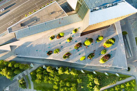 VILNIUS, LITHUANIA - JUNE 2021: Beautiful aerial evening view of Vilnius business district with scenic sunset illumination. City life in Vilnius, Lithuania.のeditorial素材