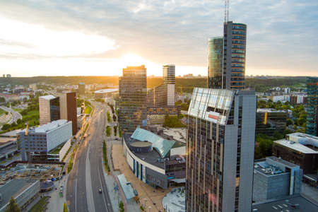 VILNIUS, LITHUANIA - JUNE 2021: Beautiful aerial evening view of Vilnius business district with...