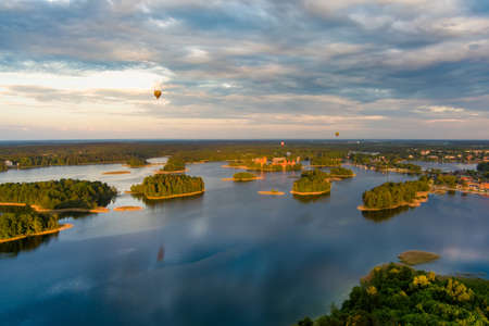 Aerial view of Trakai Island Castle and its surroundings, located in Trakai town, Lithuania....