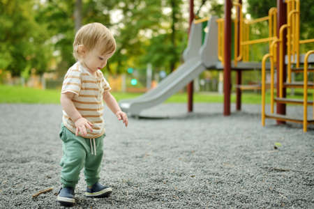 Cute toddler boy having fun on a playground outdoors on warm summer day. Active leisure for kids in...