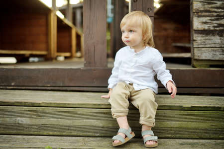 Funny toddler boy having fun outdoors on sunny summer day. Child exploring nature. Summer activities...
