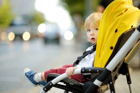 Sweet toddler boy sitting in a stroller outdoors. Little child in pram. Infant kid in pushchair. Summer walks with kids. Family leisure with little child.の写真素材