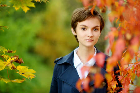 Adorable young girl having fun on beautiful autumn day. Happy child playing in autumn park. Kid gathering yellow fall foliage. Autumn activities for children.の写真素材