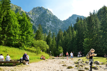 ZAKOPANE, POLAND - AUGUST 2021: Hikers resting in Strazyska Valley in Tatra Mountain range, Podhale, Poland. Tatra National Park.のeditorial素材