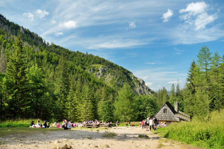 ZAKOPANE, POLAND - AUGUST 2021: Hikers resting in Strazyska Valley in Tatra Mountain range, Podhale, Poland. Tatra National Park.のeditorial素材