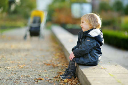 Funny toddler boy having fun outdoors on sunny autumn day. Child exploring nature. Kid playing in a...