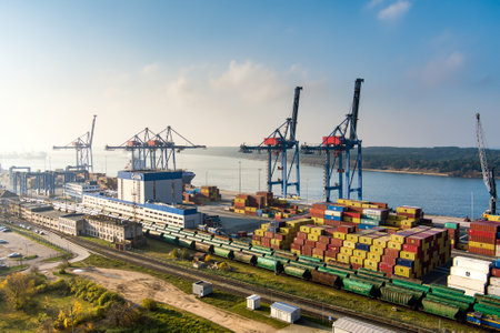 KLAIPEDA, LITHUANIA - NOVEMBER 2021: Klaipedos Smelte, a thrusting container terminal located in the...
