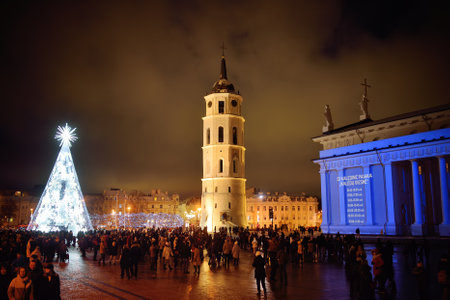 VILNIUS, LITHUANIA - DECEMBER 2021: Cathedral square in Vilnius Old Town decorated for Christmas. Celebrating Christmas and New Year in Lithuanian capital.のeditorial素材