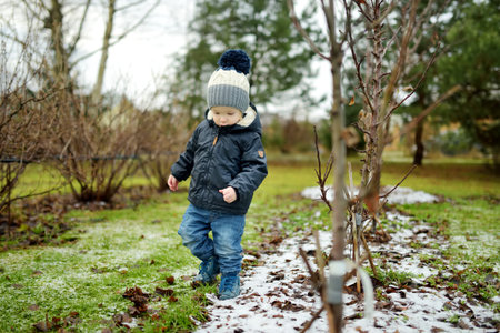 Funny toddler boy having fun outdoors on chilly winter day. Child exploring nature. Winter activities for small kids.の写真素材