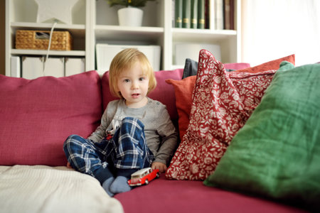 Cute toddler boy playing with red toy car. Small child having fun with toys. Kid spending time in a cozy living room at home. Family leisure indoors.の写真素材