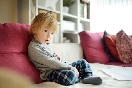 Cute toddler boy sitting on a couch. Small child spending time in a cozy living room at home. Family leisure indoors.の写真素材