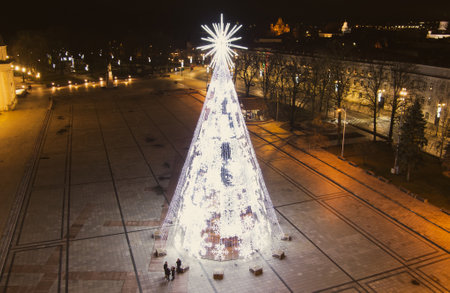 Beautiful aerial view of decorated and illuminated Christmas tree on the Cathedral Square at night in Vilnius. Celebrating Christmas and New Year in Lithuanian capital.のeditorial素材