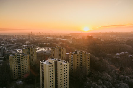 Scenic Vilnius city panorama in winter, Zirmunai district of a town. Aerial sunset view. Winter city scenery in Vilnius, Lithuania.のeditorial素材