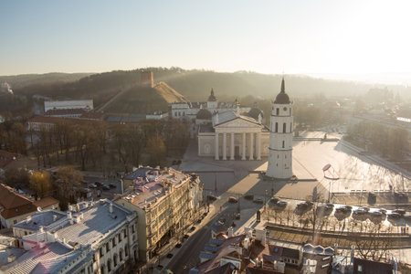 Beautiful Vilnius city panorama in winter. Aerial sunrise view. Winter city scenery in Vilnius, Lithuania.のeditorial素材