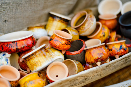 Ceramic dishes, tableware and jugs sold on Easter market in Vilnius. Lithuanian capital's annual...