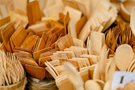 Wooden kitchenware and decorations sold on Easter market in Vilnius. Lithuanian capitals annual traditional crafts fair is held every March on Old Town streetsの写真素材
