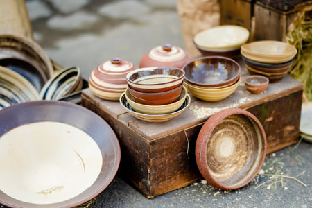Ceramic dishes, tableware and jugs sold on Easter market in Vilnius. Lithuanian capital's annual...