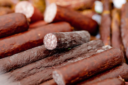Selection of assorted home made meats, jerky and sausages on a farmers market in Vilnius, Lithuania. Kaziukas, traditional spring fair in capital of Lithuania.の写真素材