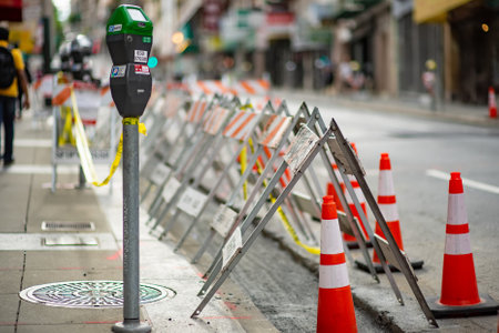 SAN FRANCISCO, USA - APRIL 2016: Parking meter in a busy street of downtown city of San Francisco, USA.のeditorial素材