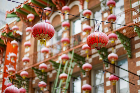 SAN FRANCISCO, USA - APRIL 2016: Beautiful red Chinese lanterns in Chinatown of San Francisco, California, USAのeditorial素材