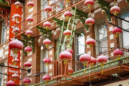 SAN FRANCISCO, USA - APRIL 2016: Beautiful red Chinese lanterns in Chinatown of San Francisco, California, USAのeditorial素材