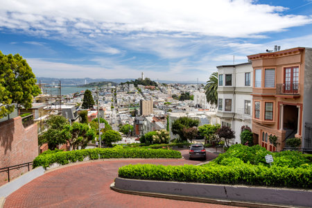 SAN FRANCISCO, USA - APRIL 2016: Famous Lombard street, one of the most famous landmark and the crookedest street in the world. San Francisco, California, USAのeditorial素材