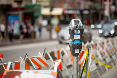 SAN FRANCISCO, USA - APRIL 2016: Parking meter in a busy street of downtown city of San Francisco, USA.のeditorial素材
