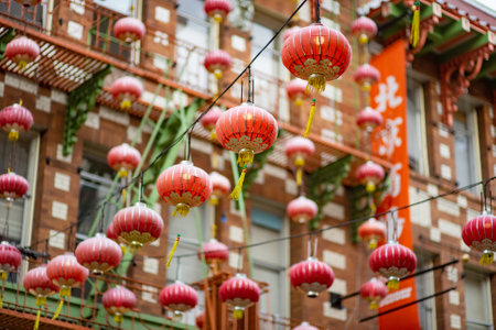 SAN FRANCISCO, USA - APRIL 2016: Beautiful red Chinese lanterns in Chinatown of San Francisco, California, USAのeditorial素材
