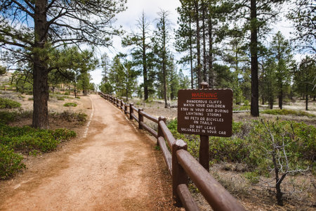 Hiking trail leading through stunning red sandstone hoodoo formations in Bryce Canyon National Park in Utah, USA. Exploring the American Southwest.の写真素材