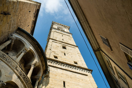Narrow medieval streets of Bergamo city northeast of Milan. Scenic views of Citta Alta, town's upper district, known by cobblestone streets and encircled by Venetian walls. Bergamo, Lombardy, Italy.の写真素材