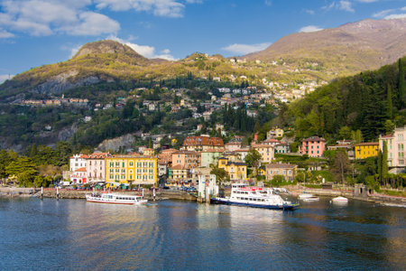 Beautiful aerial waterfront cityscape of Varenna, one of the most picturesque towns on the shore of Lake Como. Charming location with typical Italian atmosphere. Varenna, Lombardy, Italy.の写真素材