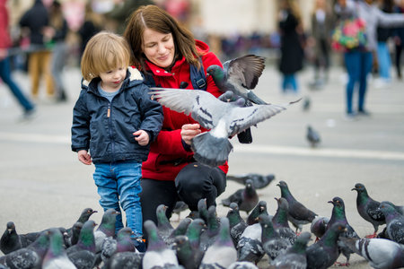 Young mother and her toddler son feeding the pigeons on the Cathedral Square or Piazza del Duomo in the center of Milan, Lombardy, Italy.の写真素材