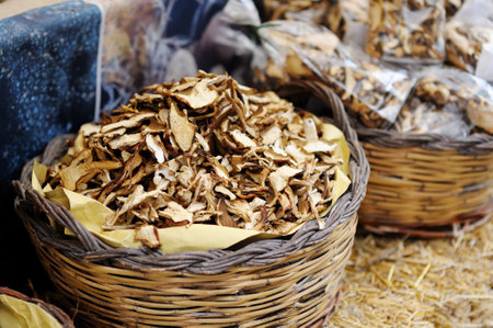 Dried porcini mushrooms sold on a marketplace in Nemi, Lazio, Italyの写真素材