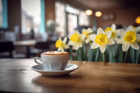A cup of latte coffee in white cup on wooden table in cosy cafe, decorated with daffodil flowers. Generative AI.の素材