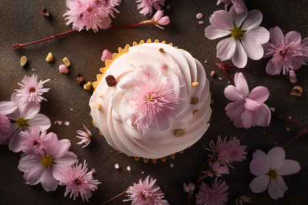 Delicious cupcake decorated with pink frosting and sakura flowers. Dessert served with afternoon tea or coffee. Generative AI.の素材
