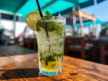 Fresh cold Mohito cocktail on the wooden table served in beach bar on summer day. Generative AI.の素材