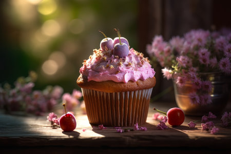 Delicious cupcake decorated with pink frosting and small pink flowers. Dessert served with afternoon tea or coffee. Generative AI.の素材