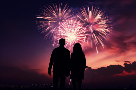 Silhouettes of a young couple watching the fireworks. Generative AI.の素材