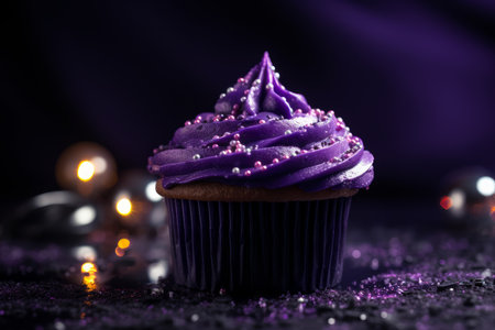 Delicious cupcake decorated with purple frosting and glittery sprinkles. Dessert served with afternoon tea or coffee. Generative AI.の素材