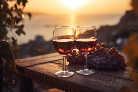 Two glasses of red wine in a restaurant overlooking beautiful mediterranean landscape on sunset. Drinking wine, evening lights, sun setting in Italy. Generative AI.の素材