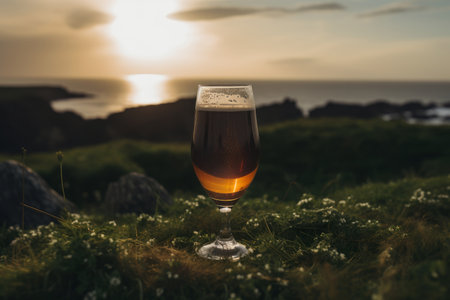 Glass of dark stout beer. Spectacular Irish nature. Green pastures, cliffs and crushing waves on summer sunset. Generative AI.の素材