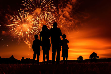 Silhouettes of a family of four watching the fireworks. Generative AI.の素材