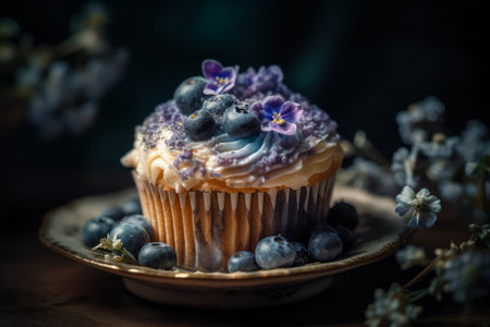 Delicious chocolate cupcake decorated with blue frosting, blueberries and small blue flowers. Dessert served with afternoon tea or coffee. Generative AI.の素材