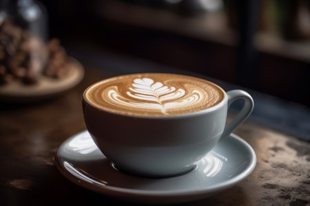 A cup of latte coffee in blue cup on wooden table in cosy cafe. Generative AI.の素材
