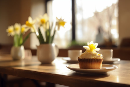 Delicious cupcake decorated with white frosting and daffodil flower. Dessert served with afternoon tea or coffee. Generative AI.の素材