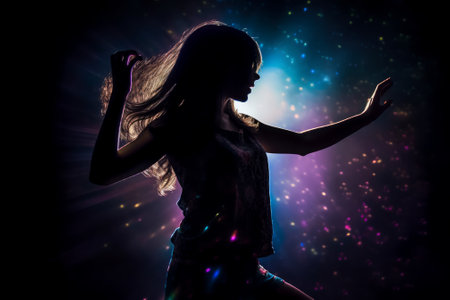 Silhouette of beautiful teenage girl dancing in a spotlight. Disco lights, colorful reflections and light flares. Generative AI.の素材