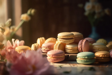 Colorful French macarons on wooden table surrounded with beautiful flowers. Dessert served with afternoon tea or coffee. Generative AI.の素材