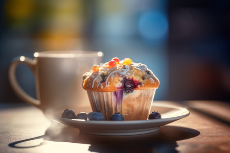 Delicious blueberry muffin cupcake decorated blueberries served with a cup of coffee. Dessert served with afternoon tea or coffee. Generative AI.の素材